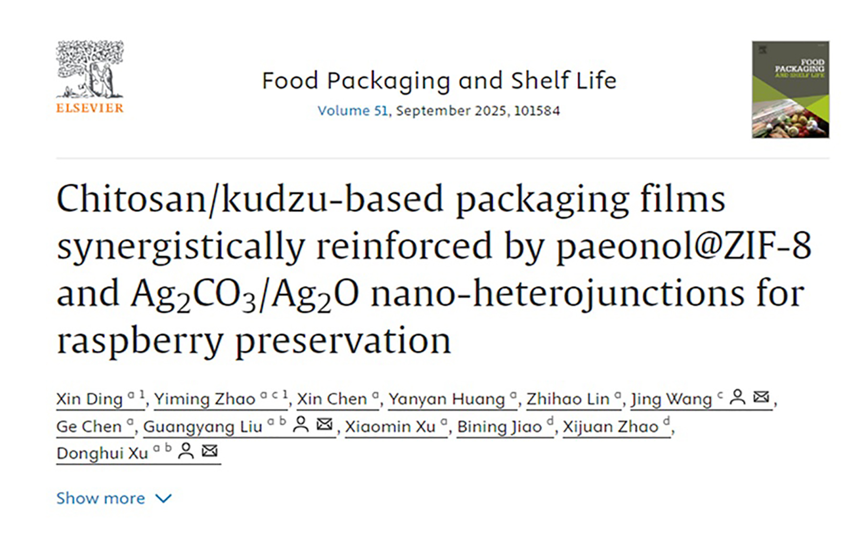 FPSL｜The Quality and Safety Research Group of The Institute of Vegetables and Flowers：Polysaccharide-based nanocomposite films loaded with ZIFs and paeonol for preserving the quality of fruits and vegetables
