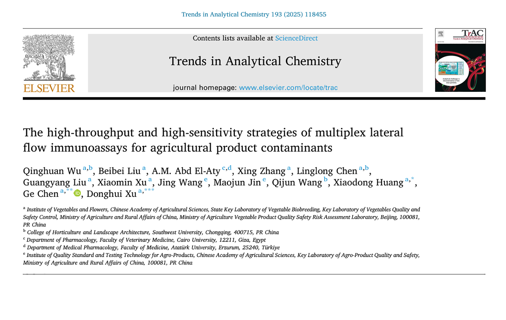 TrAC│ Xu Donghui’s team from the Institute of Vegetables and Flowers of the Chinese Academy of Agricultural Sciences revealed the trends of sensitive multiplex immunochromatography for detection of agricultural chemical pollutants.